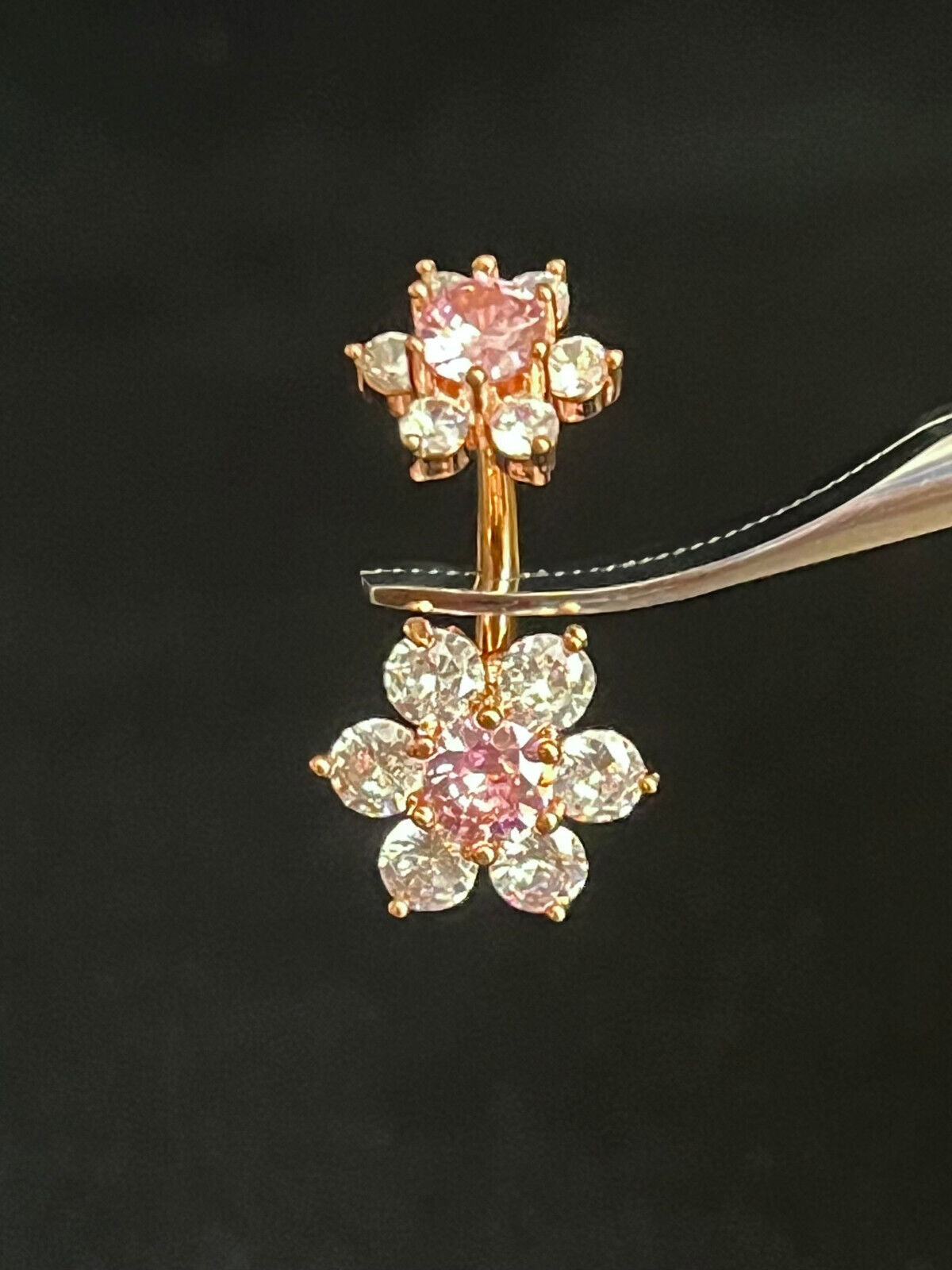 1pc Double 7 Gem Flower Internally Threaded Belly Ring Steel Navel Naval (Color: Rose Gold/Clear/Pink)