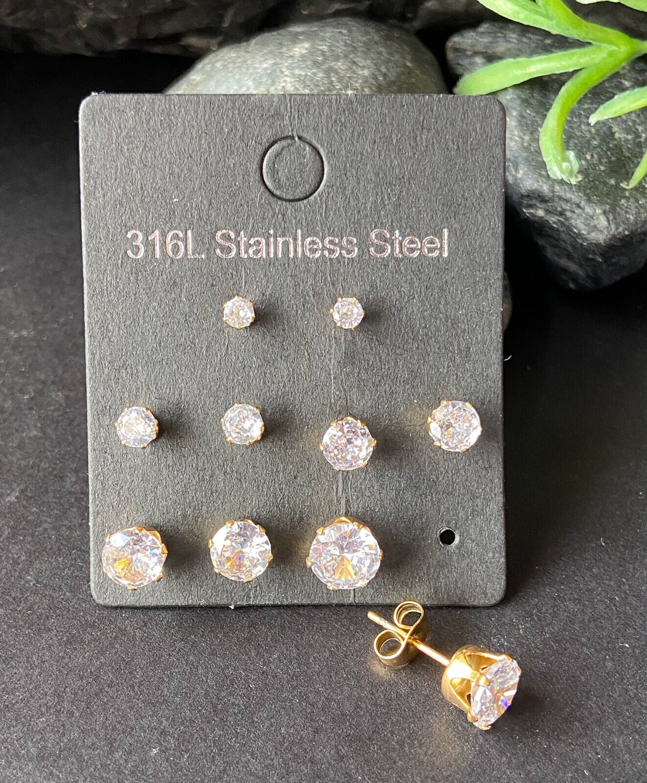 5 PAIR CZ Gem Stud Earrings 316L Stainless Steel retail / display peggable card (Color: Gold/Clear)