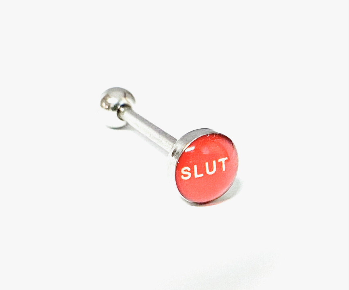 1pc Dome Logo Tongue Ring - choose from Adult Sayings, Sex, Bad Words +more! (Logo Style: Slut)