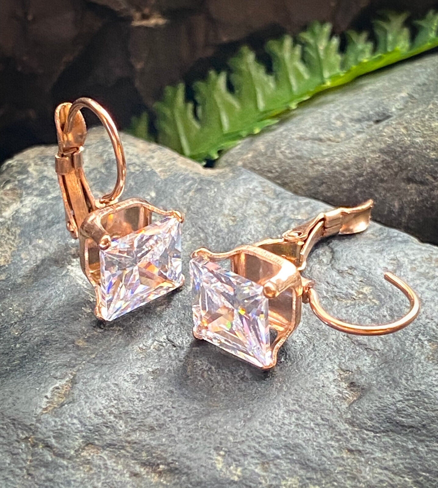 PAIR of Square CZ Gem Earrings w/ Lever Back 20g 316L Stainless Steel (Color: Rose Gold)