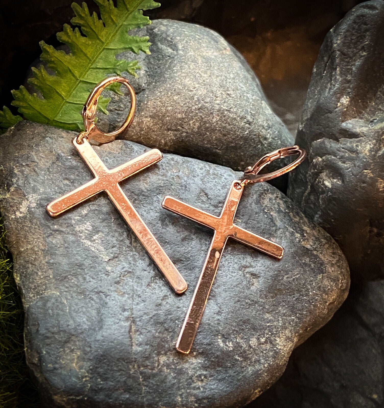 PAIR Hoop Earrings w/ Large Cross Dangle Stainless Steel - Gold, Black or Silver (Color: Rose Gold)