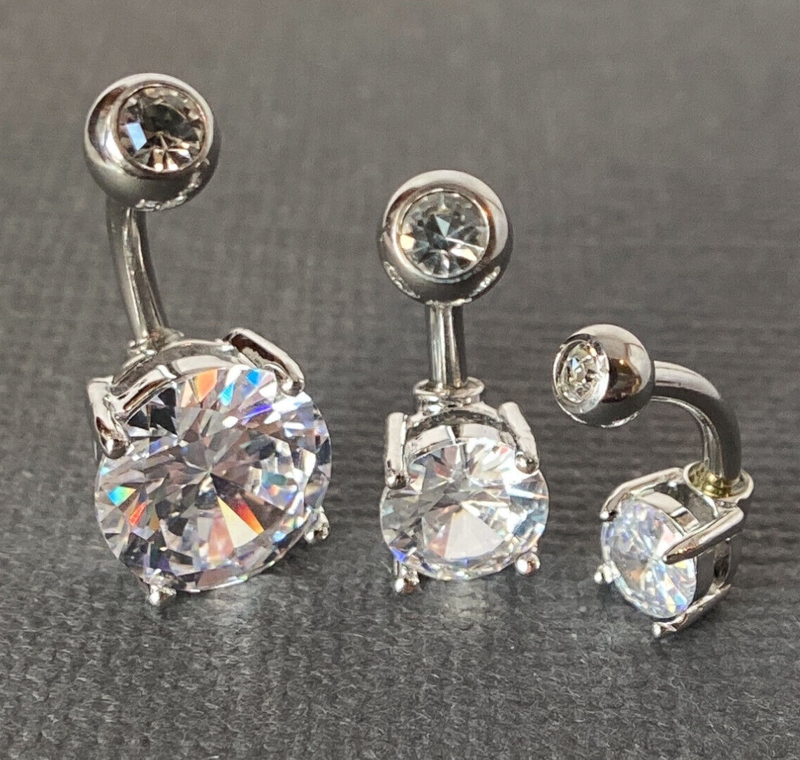 3pc Value Pack 5mm, 7mm, 10mm Prong Set Round CZ Gem Belly Rings Navel Naval (Color: Silver)