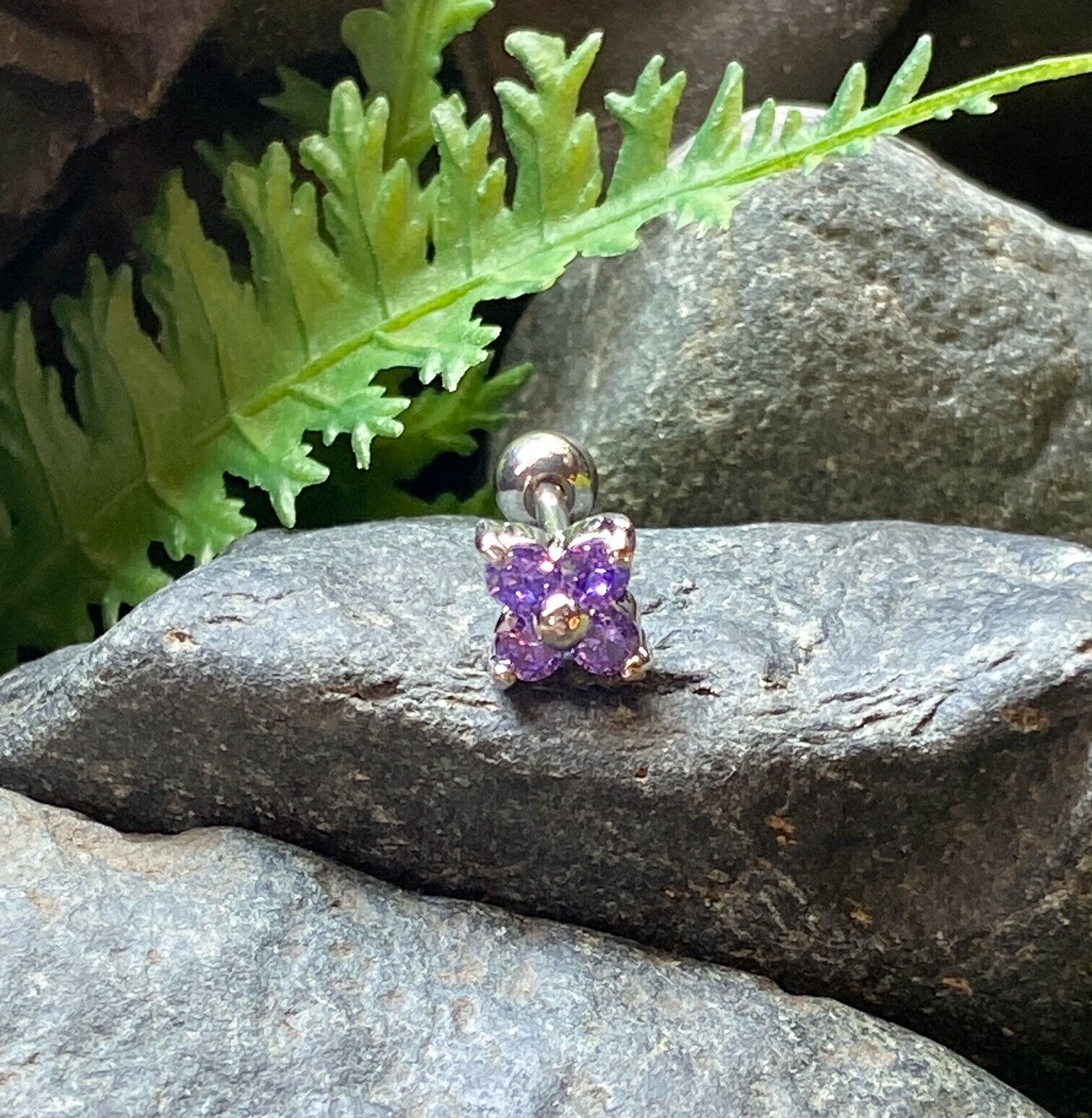 1pc Prong Set Flower Gem Tragus Helix Cartilage Ring 16g 1/4" Piercing Jewelry (Gem Color: Purple)