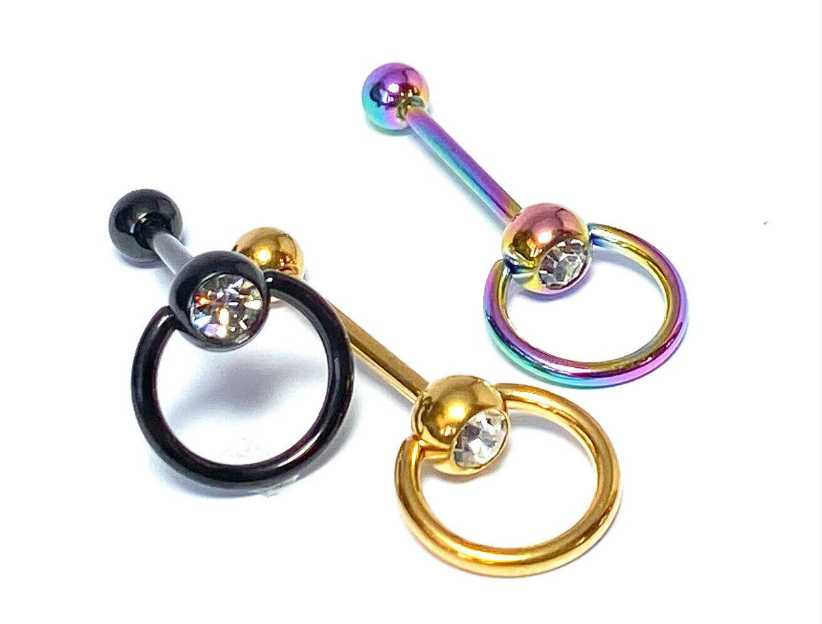 1pc Clear Gem w/ Slave Ring Tongue Ring IP Steel Barbell Door Knocker Tounge