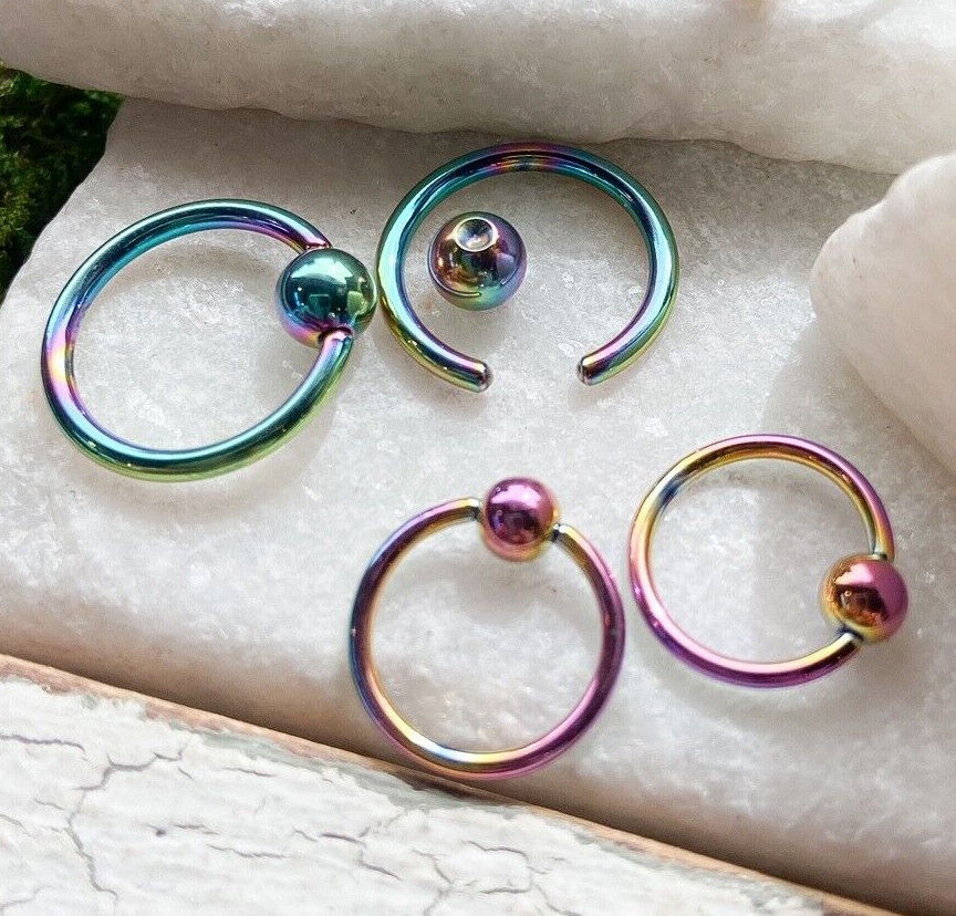 PAIR Rainbow Captive Bead Rings CBR's Nipple, Septum, Helix, Tragus Piercings