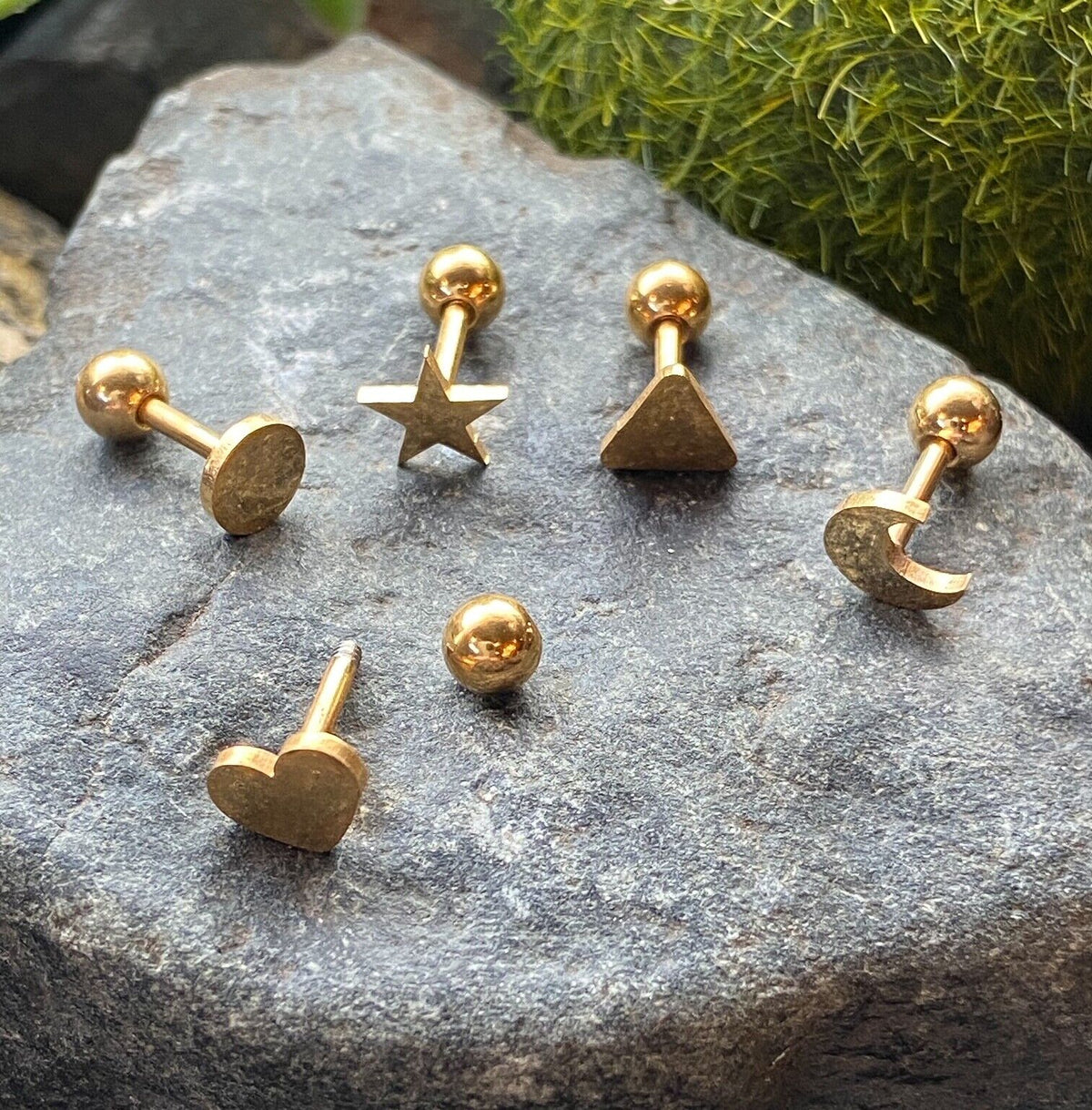 5pcs Shapes Tragus Rings Value Pack Cartilage Barbells Helix 16g Moon Star Heart (Color: Gold)