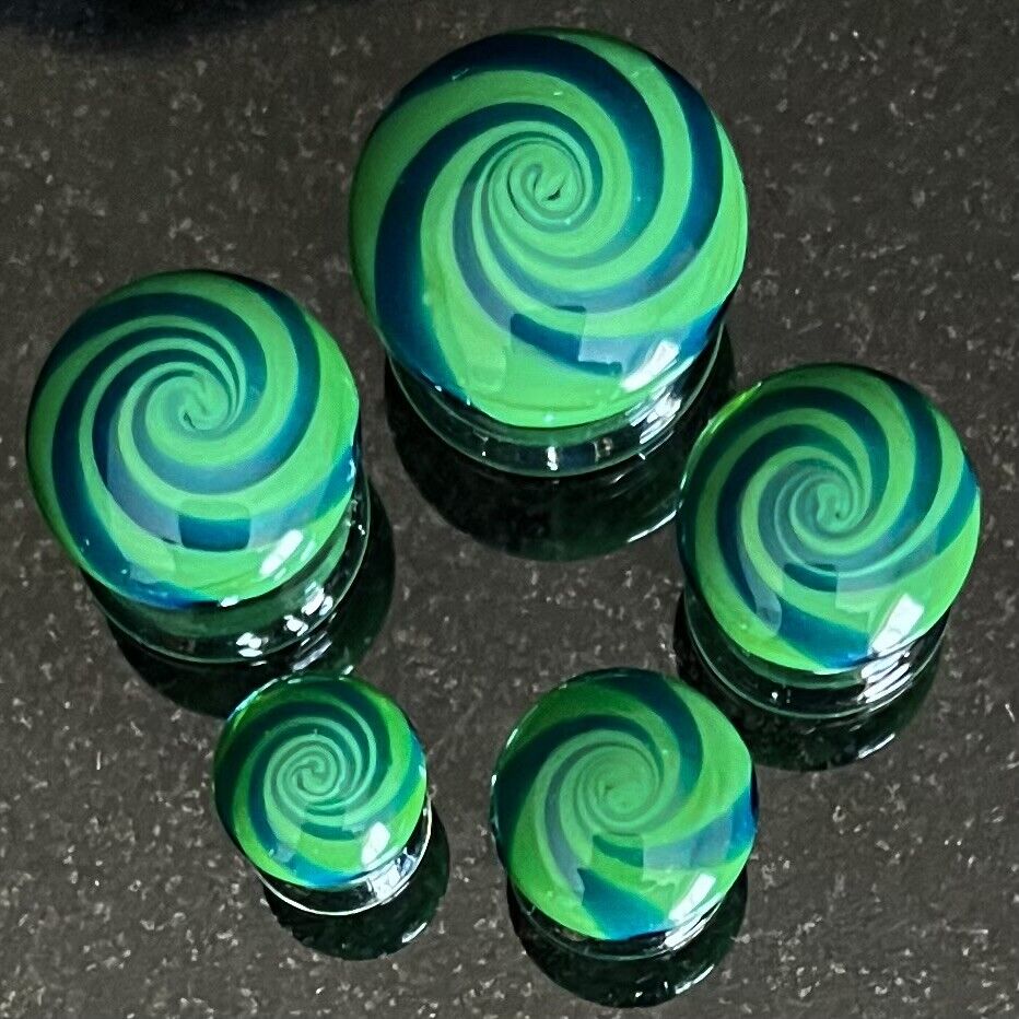 PAIR Blue & Green Hypnotic Swirl Glass Double Flare Plugs Tunnels Gauges