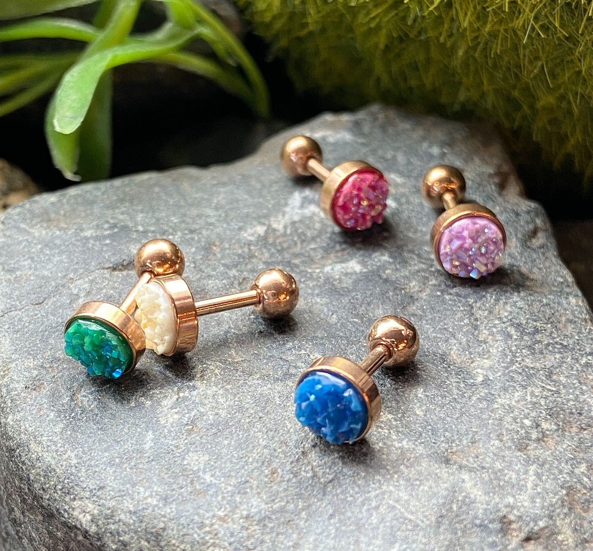 1pc Iridescent Druzy Stone Rose Gold Steel 16g Tragus Stud Ear Cartilage Ring