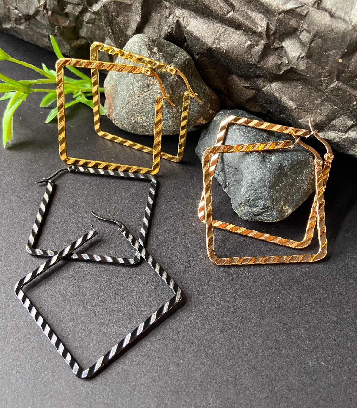 PAIR of Wave Pattern Square Hoop Earrings 22g Ion Plated Stainless Steel