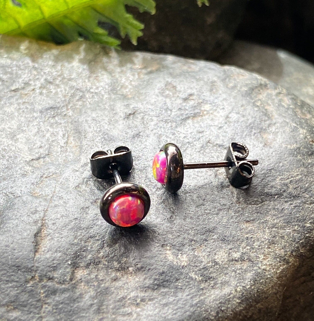PAIR Bezel Set Opal 316L Surgical Steel Earrings - choose from 18 color combos! (Color: Fuschia / Black)