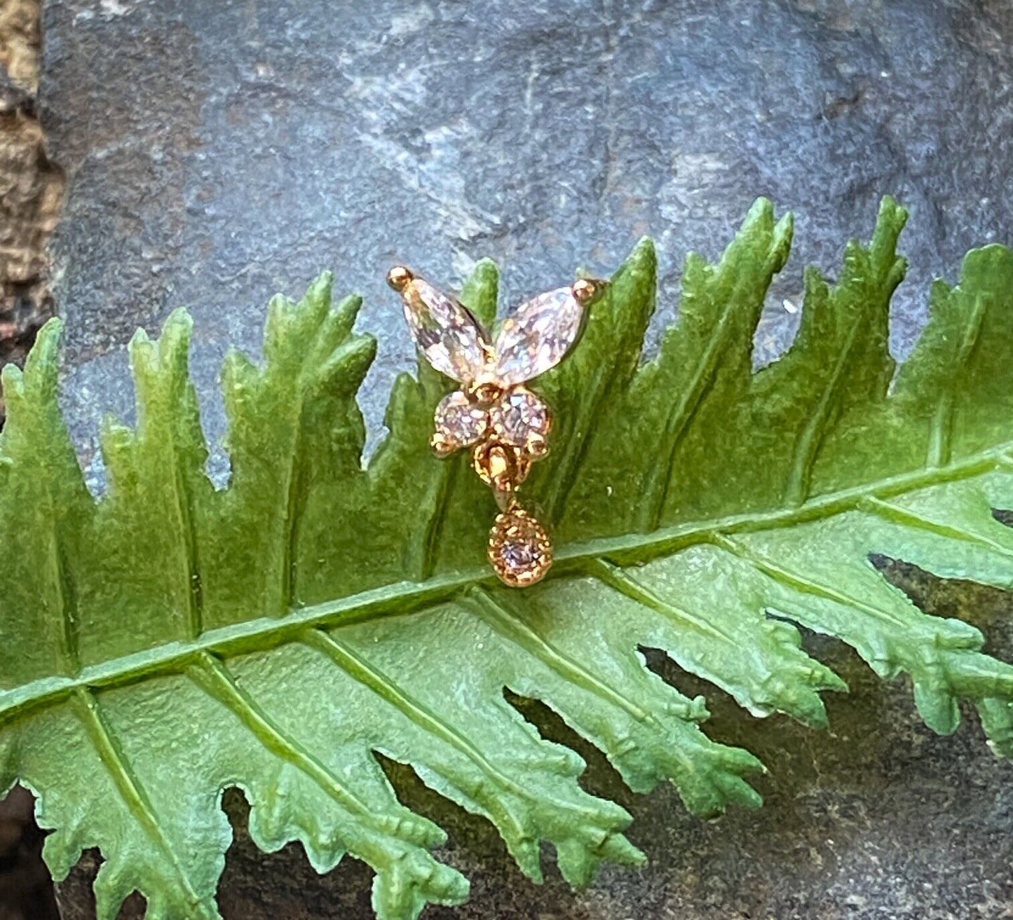 1pc CZ Gem Butterfly w/ Tear Drop Tragus Helix Cartilage Barbell Ring 16g 1/4" (Color: Gold)