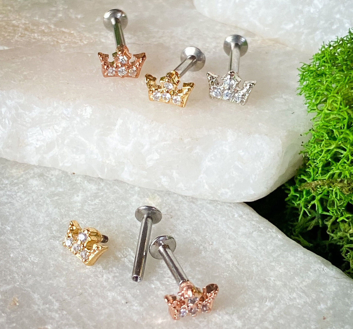 1pc CZ Gem Crown 16g Internally Threaded 1/4" or 5/16" Steel Labret Monroe