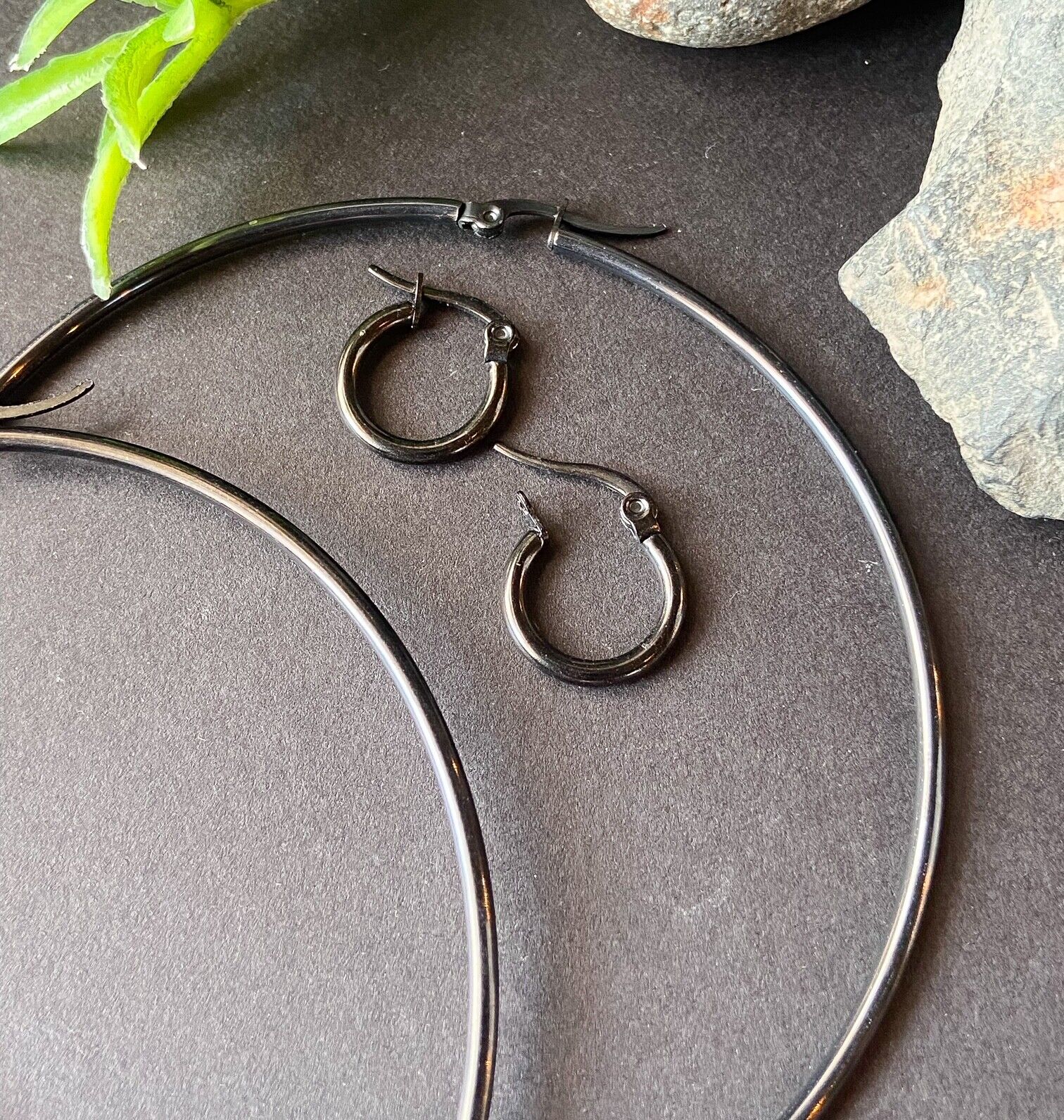 PAIR of Round Hoop Earrings 22g Black Ion Plated Stainless Steel