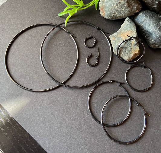 PAIR of Round Hoop Earrings 22g Black Ion Plated Stainless Steel