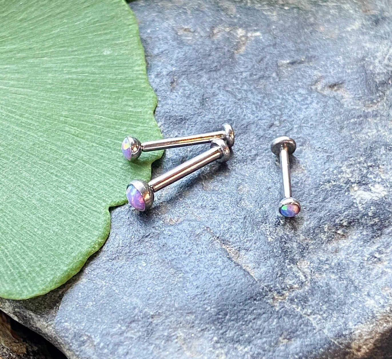 1pc Titanium Push In Opal 16g Labret Monroe Stud Lip Ring Helix Ear Cartilage (Color: Purple)