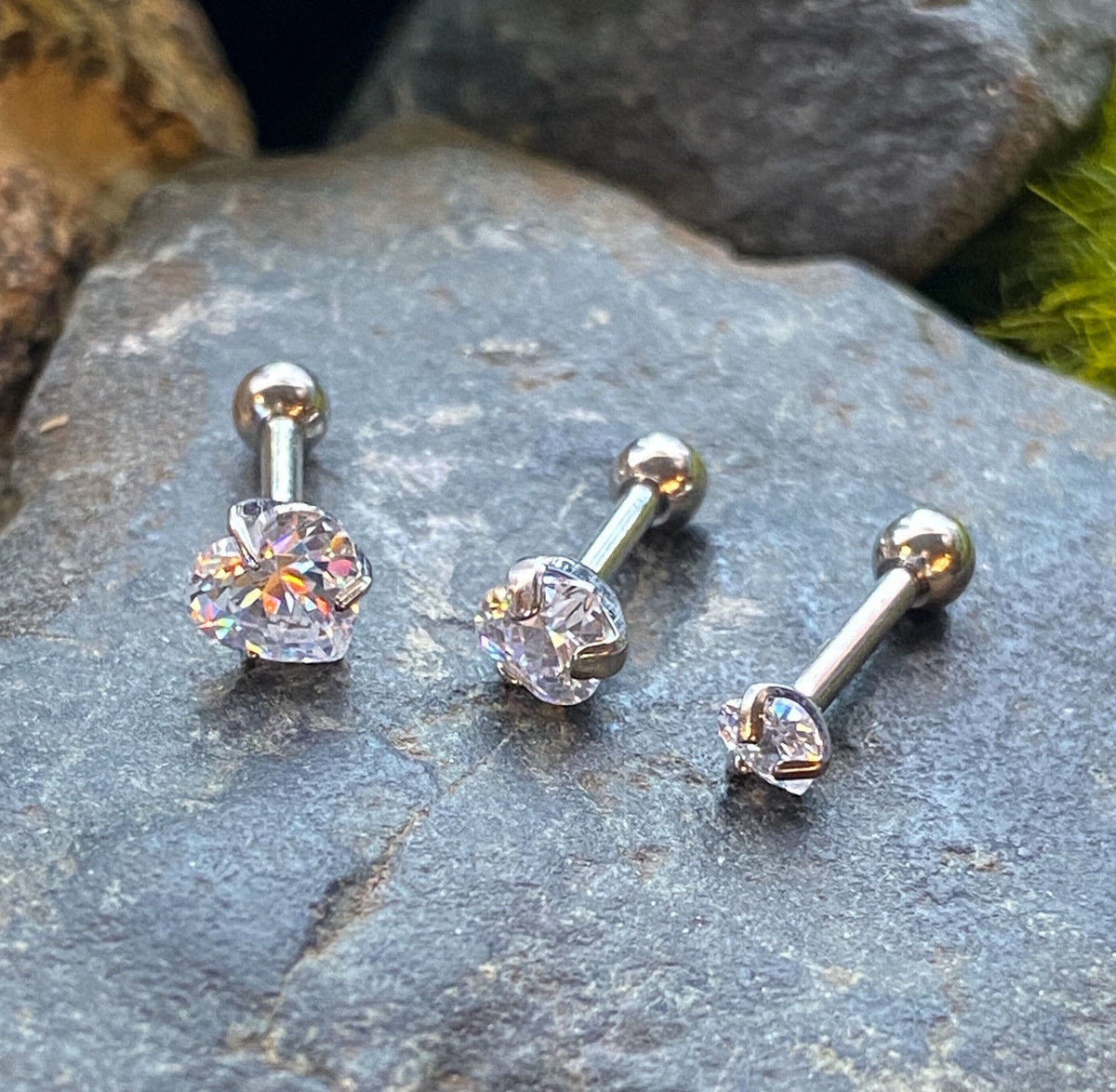 3pc Value Pack 3mm-4mm-5mm Prong Set Heart Gem Tragus Cartilage Ring 16g 1/4"