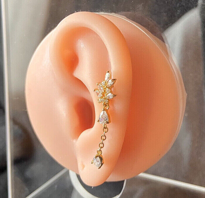 1pc CZ Gem Cluster Leaf w/ Chain Tragus Helix Cartilage Barbell Ring 16g 1/4"