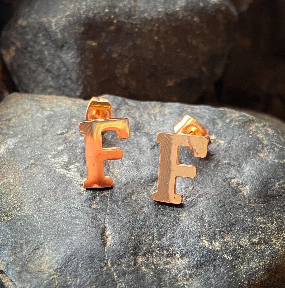 PAIR Rose Gold Plated Steel Initial / Alphabet 20g Earrings - A to Z available! (Letter: F)