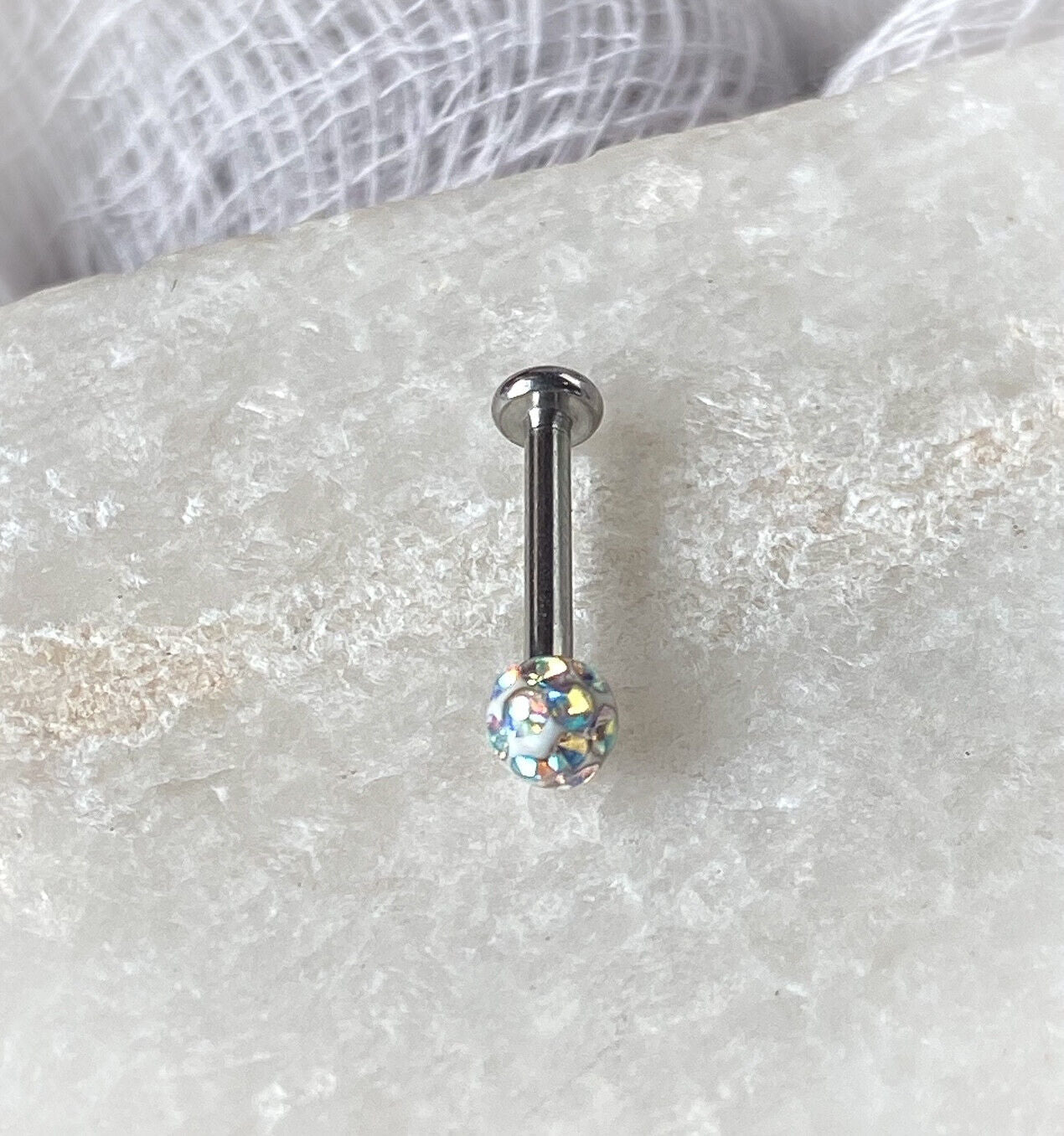 1pc Epoxy Coated Crystal Paved Ball Labret Cartilage Barbell Internally Threaded (Color: Aurora Borealis)