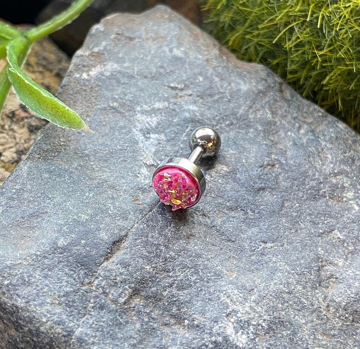 1pc Iridescent Druzy Stone Surgical Steel 16g Tragus Stud Ear Cartilage Ring (Color: Pink)