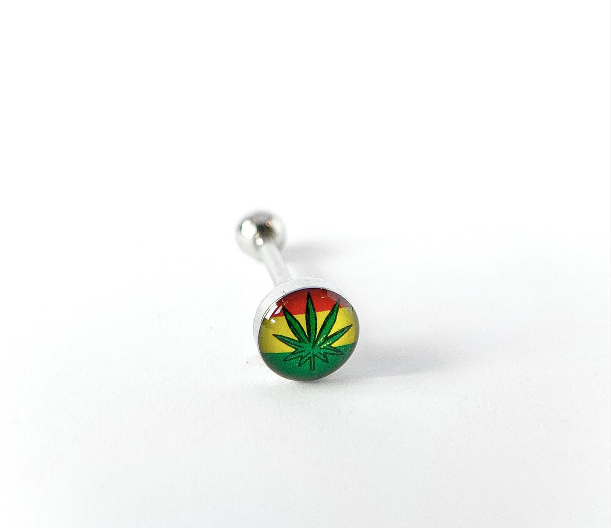 1pc Dome Logo Tongue Ring - choose from Adult Sayings, Sex, Bad Words +more! (Logo Style: Rasta Pot Leaf)