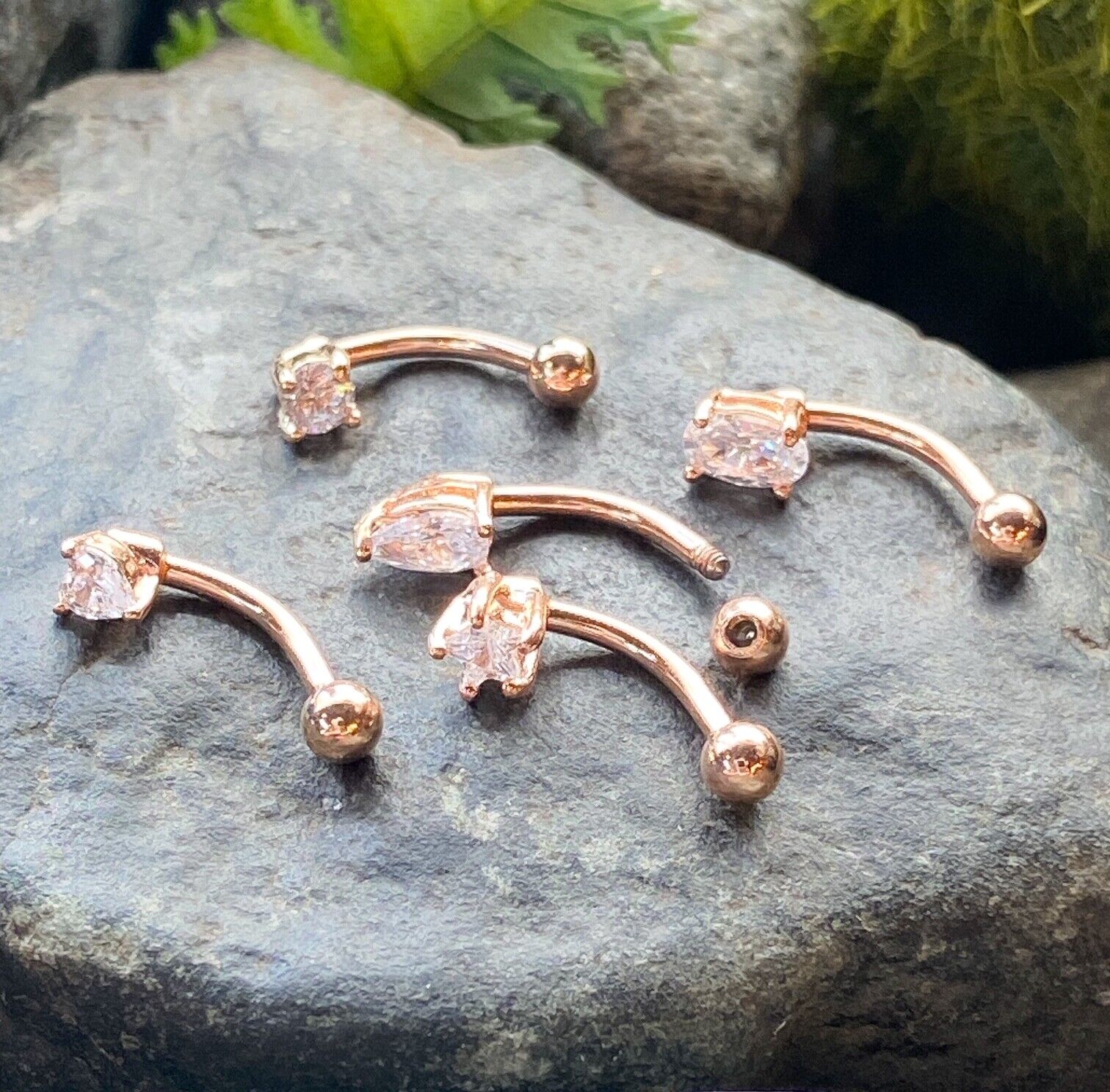 5pc Value Pack Prong Set CZ Gem Shapes Eyebrow Rings Curved Barbells 316L Steel (Color: Rose Gold)