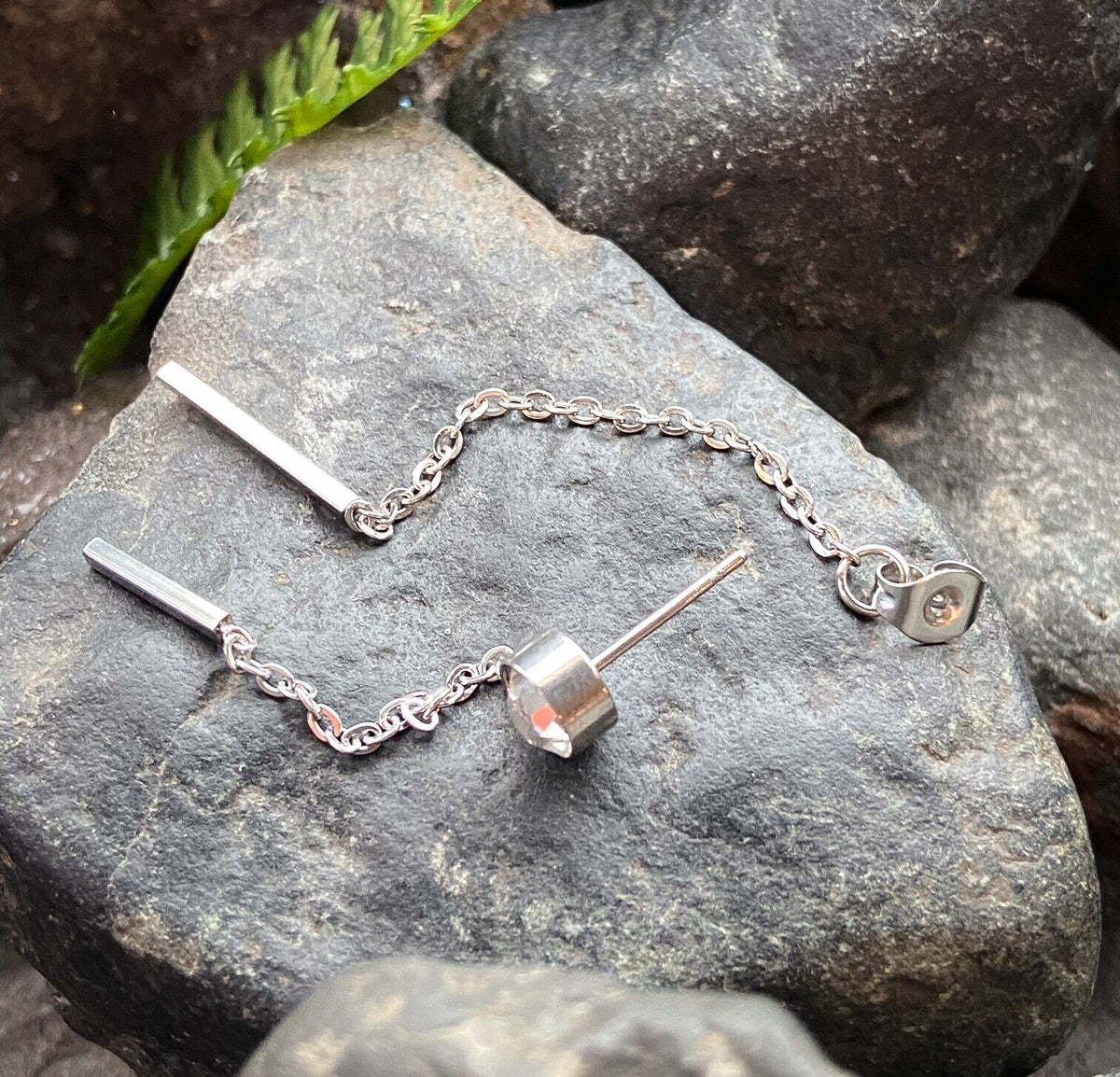 PAIR of 6mm Bezel Set Gem w/Double Bar Chains Free Falling 20g Earring Studs (Color: Silver)
