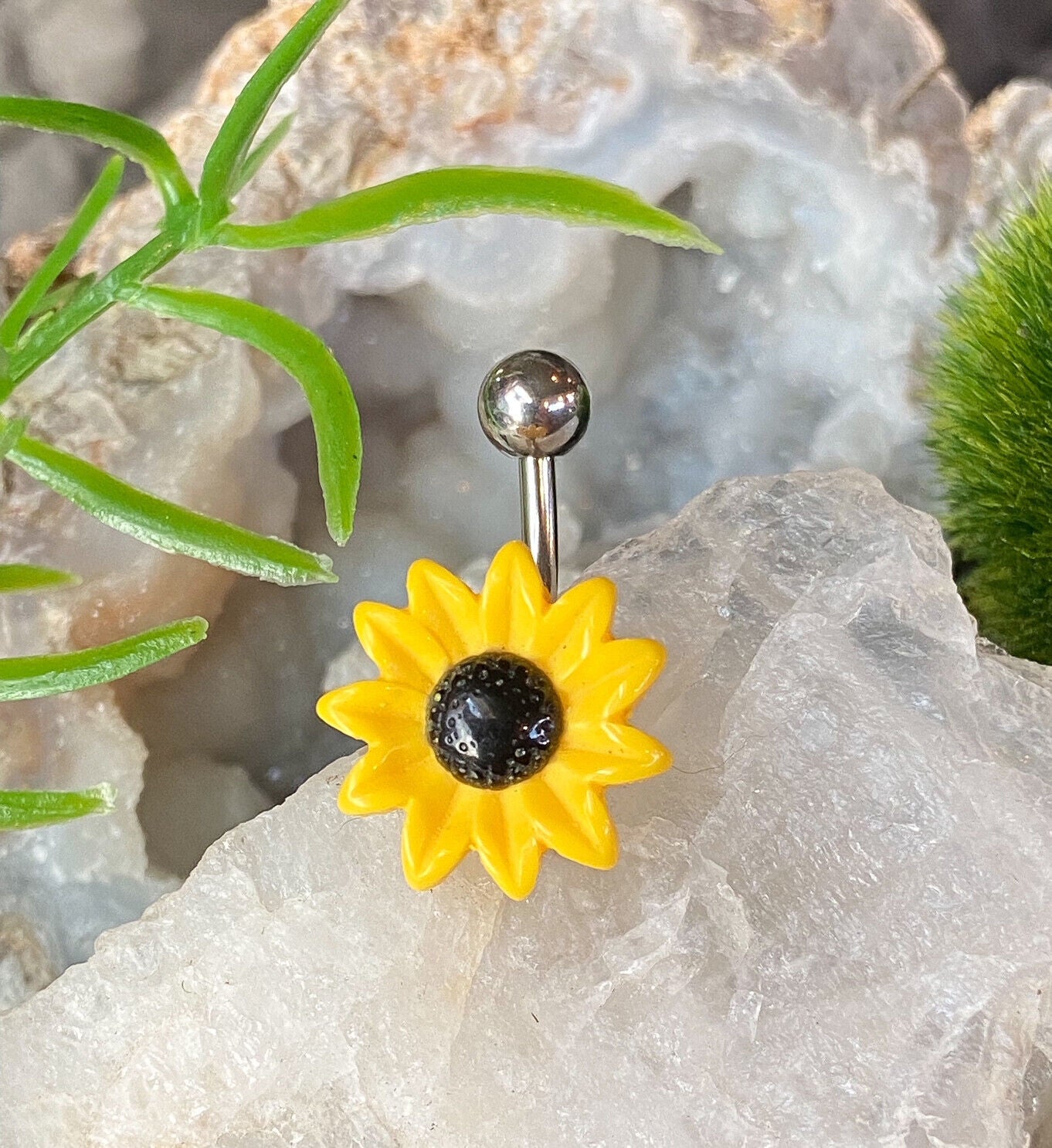 Yellow Sunflower Belly Ring Piercing Navel Naval Flower Surgical Steel Jewelry