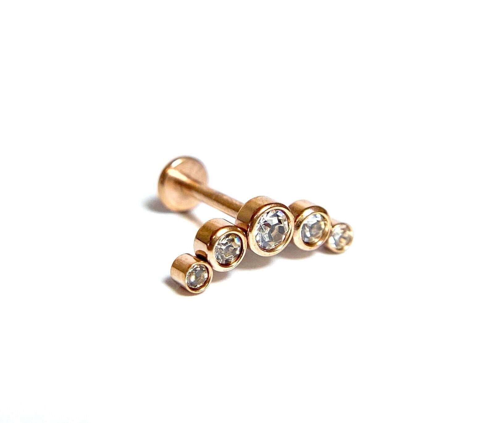 1pc Five CZ Gem Curve 16g Labret Internally Threaded Steel Monroe Tragus Helix (Color: Rose Gold)