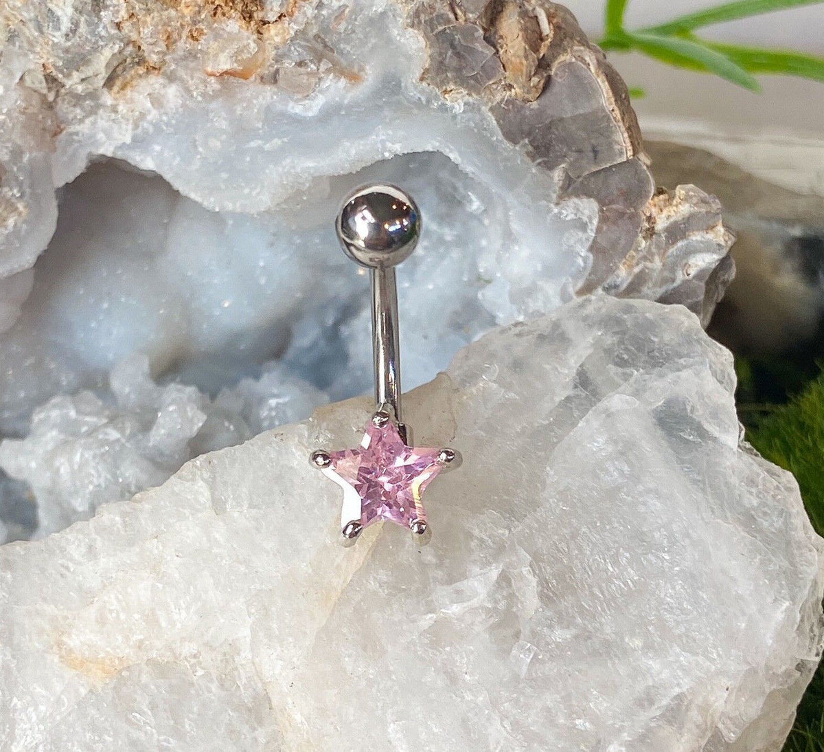 1pc Star Solitaire CZ Gem Belly Ring Navel Piercing Pierced Naval Body Jewelry (Color: Pink)