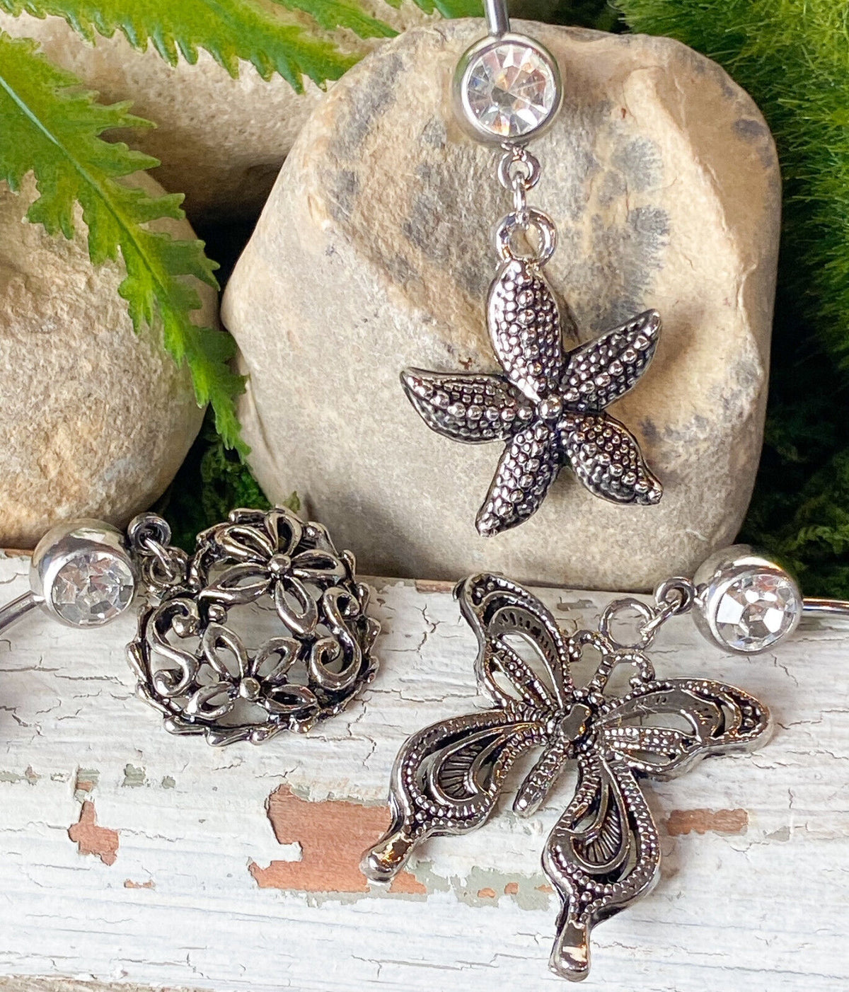 Vintage Dangle Cast Belly Ring Pierced Navel Heart, Flower, Butterfly, Star