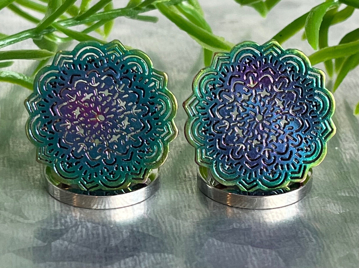 PAIR Rainbow Tribal Flower Top Design Steel Screw Fit Tunnels Plugs Body Jewelry