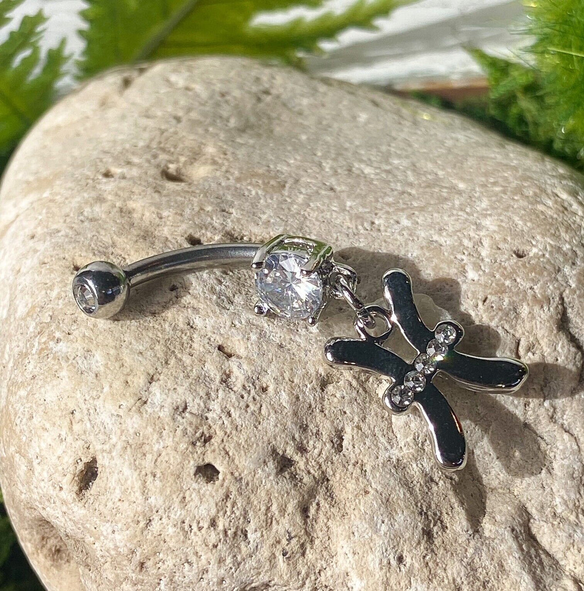 Zodiac Sign Paved CZ Gem Belly Ring Pierced Navel Astrology 14g Surgical Steel  (Sign: Pisces)