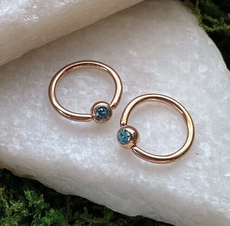 PAIR Rose Gold Gem Captive Bead Rings for Ears, Eyebrow, Septum, Nipples, etc (Gem Color: Aqua)