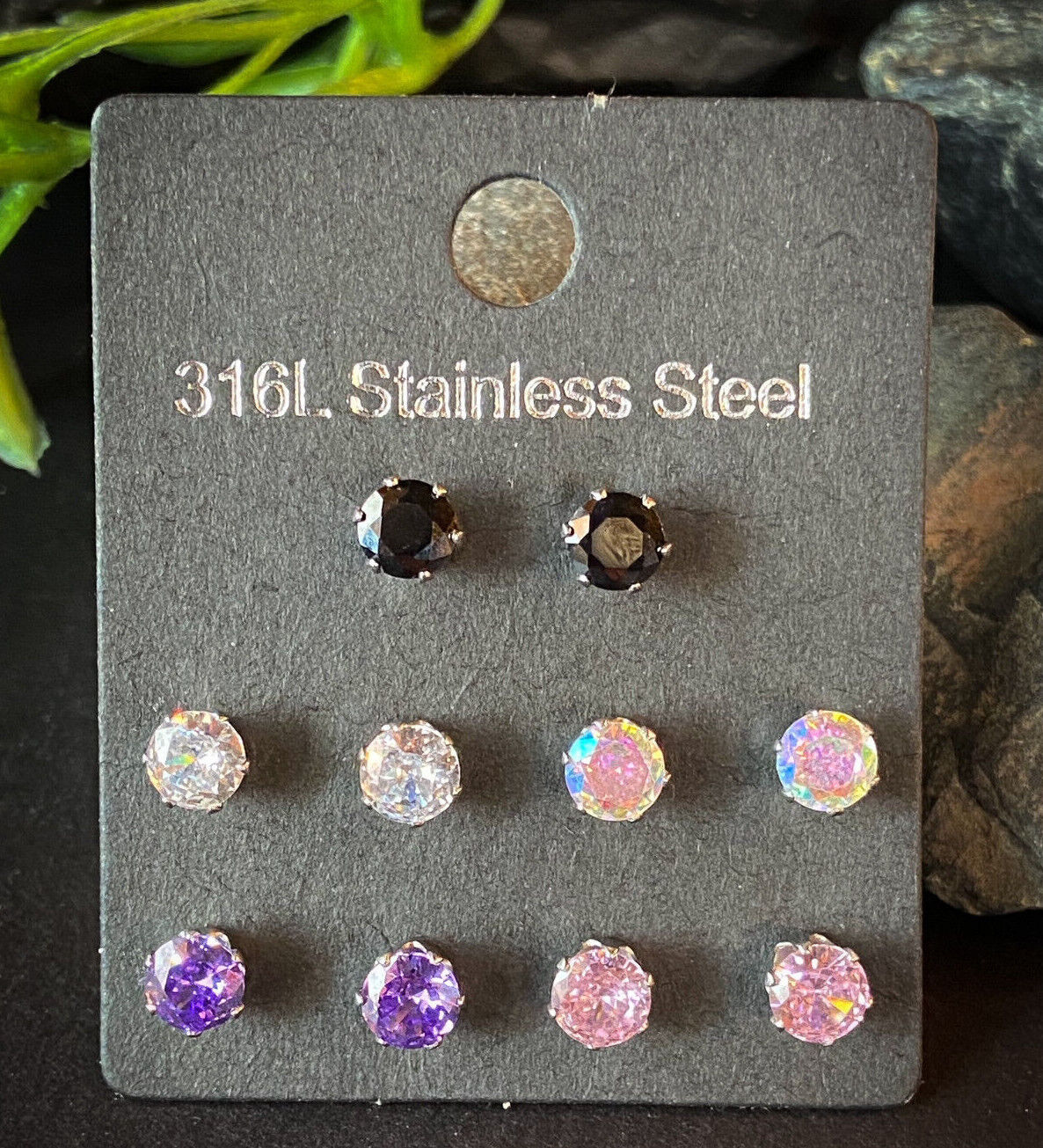 5 PAIRS CZ Gem Stud Earrings 316L Stainless Steel retail / display peggable card