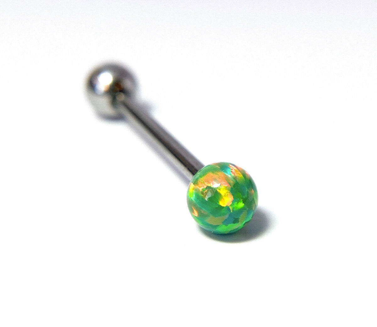 1pc Internally Threaded 5mm Opal Ball Tongue Ring Steel Barbell 5/8" 16mm 14g (Color: Green)