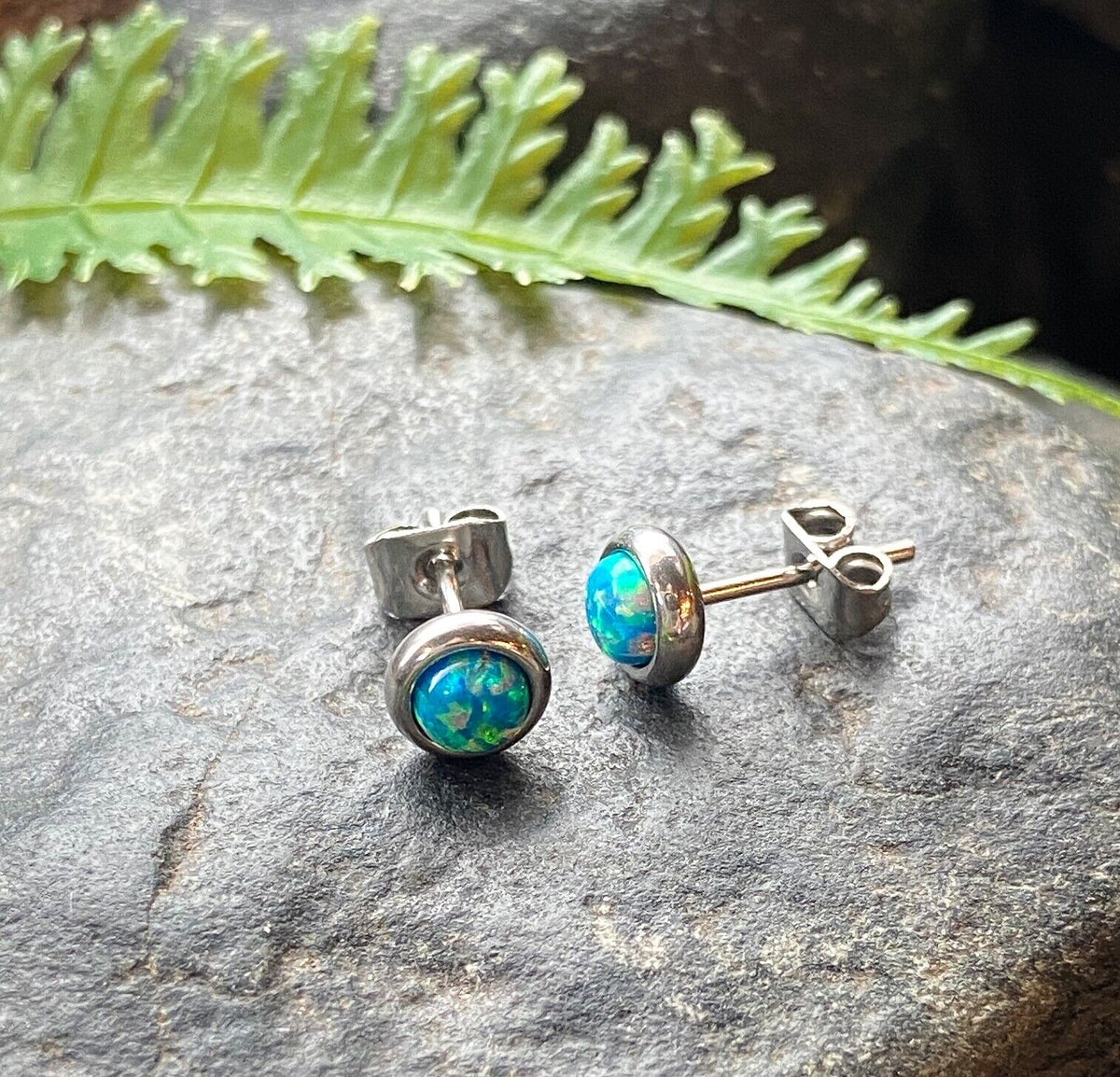 PAIR Bezel Set Opal 316L Surgical Steel Earrings - choose from 18 color combos! (Color: Green / Silver)
