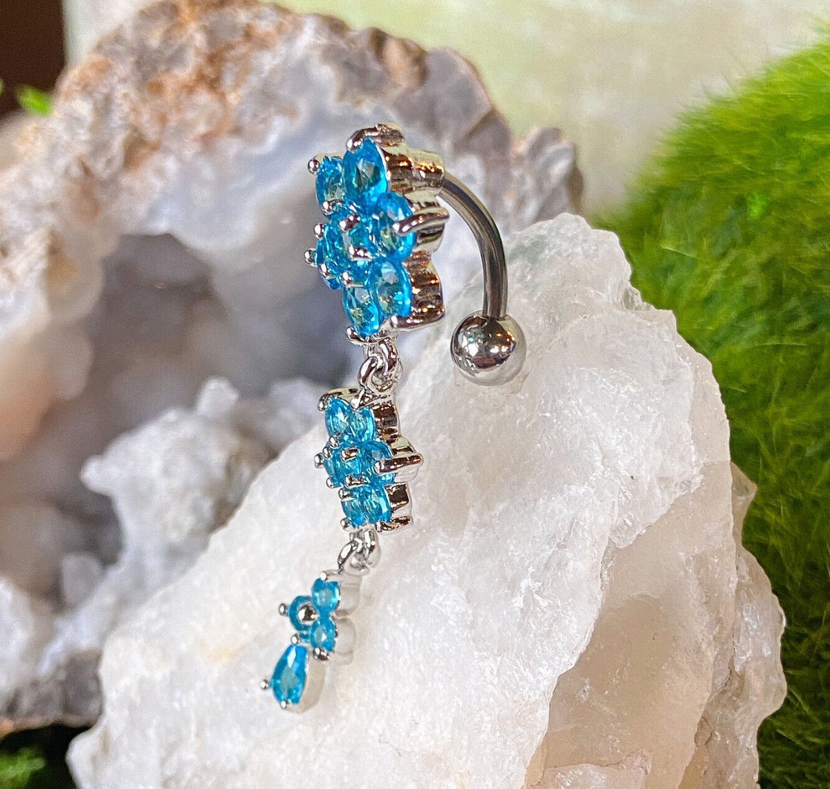 1pc Reverse Triple Flower CZ Gem Dangle Belly Ring Navel Piercing Naval Jewelry (Color: Aqua)