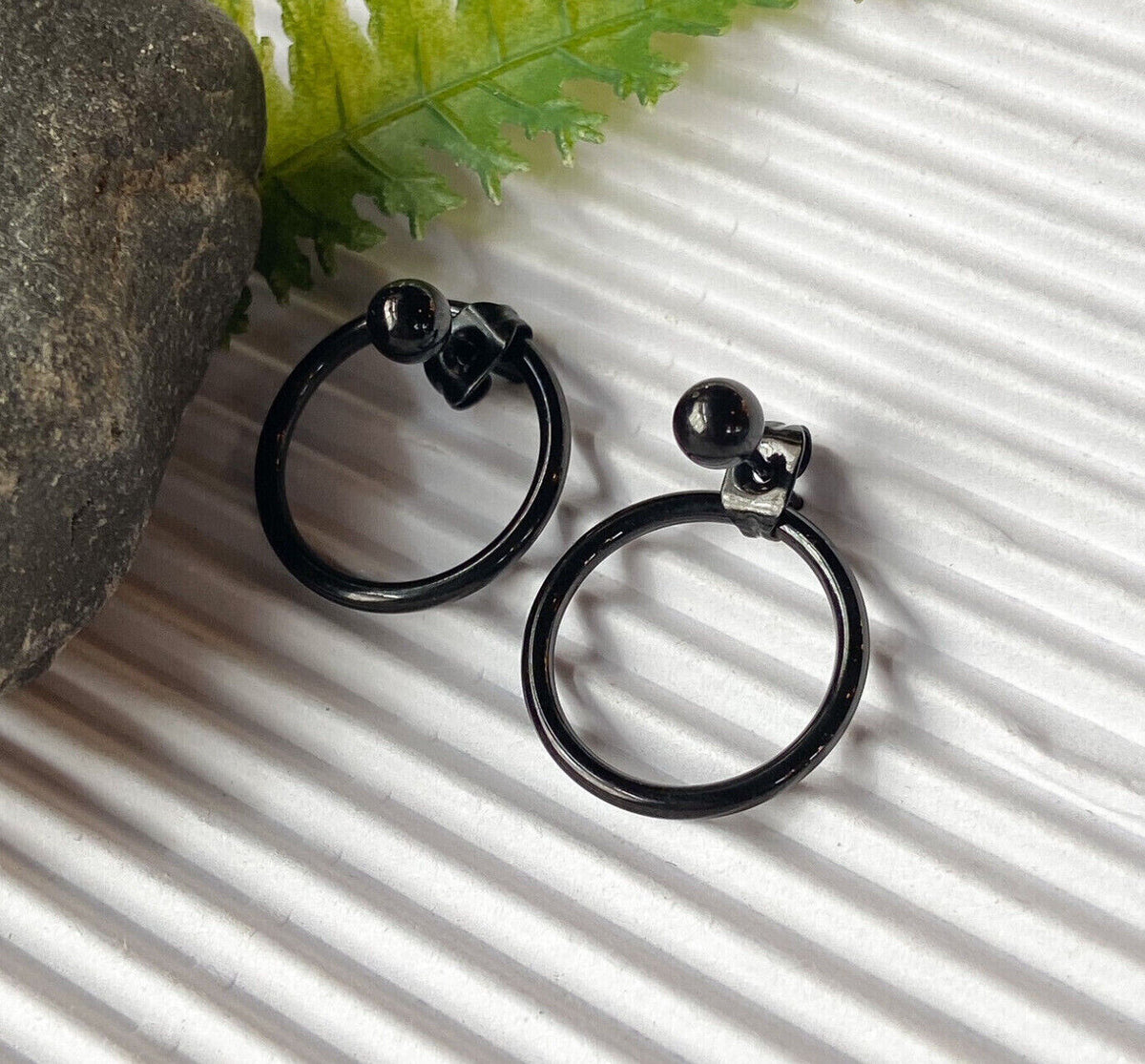 PAIR of Ball End IP Stainless Steel 20g Earrings w/ Hoop Back (Color: Black)