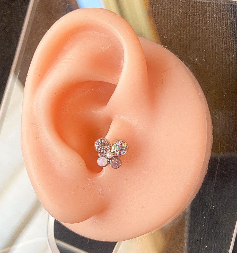 1pc Crystal Paved Butterfly Steel Tragus Cartilage Barbell Ring 16g 1/4"