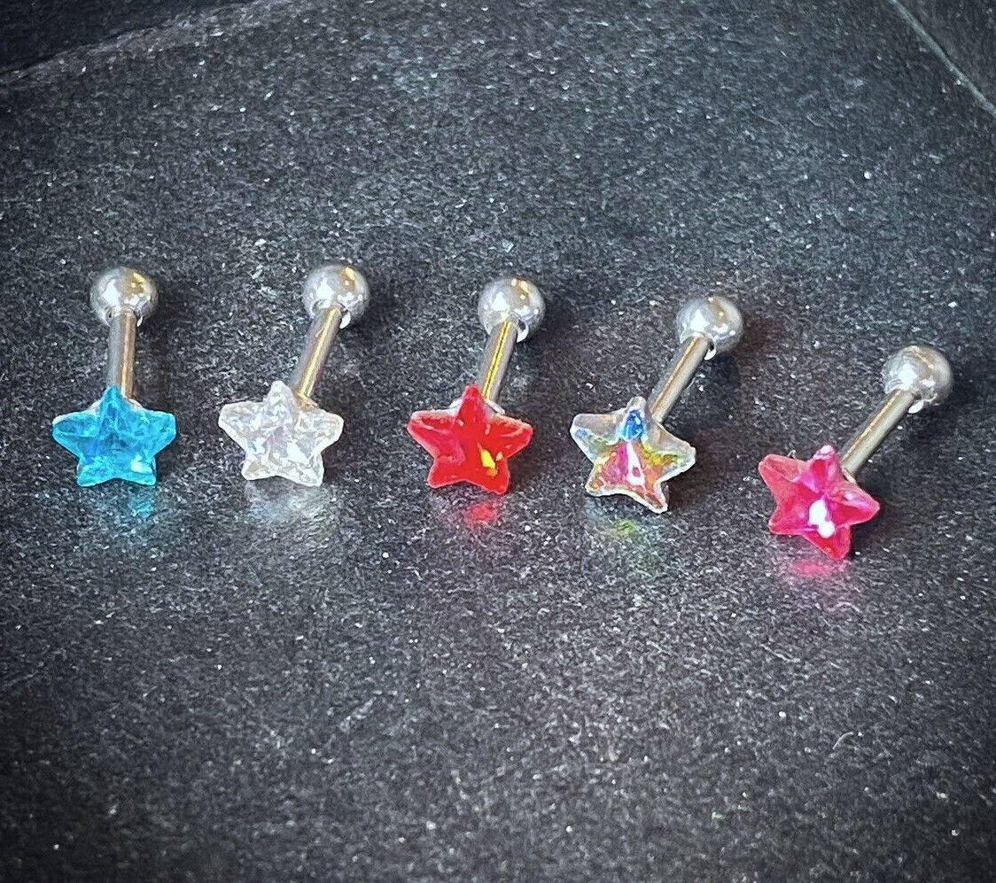 1pc Star Crystal Tragus Helix Cartilage Ring 16g 1/4" Barbell Stud Body Jewelry