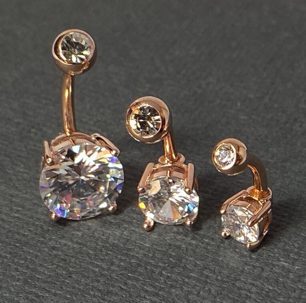 3pc Value Pack 5mm, 7mm, 10mm Prong Set Round CZ Gem Belly Rings Navel Naval (Color: Rose Gold)