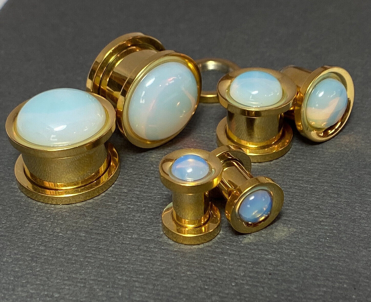 PAIR Opalite Stone Dome Gold Steel Screw Fit Tunnels Gauge Plugs Body Jewelry