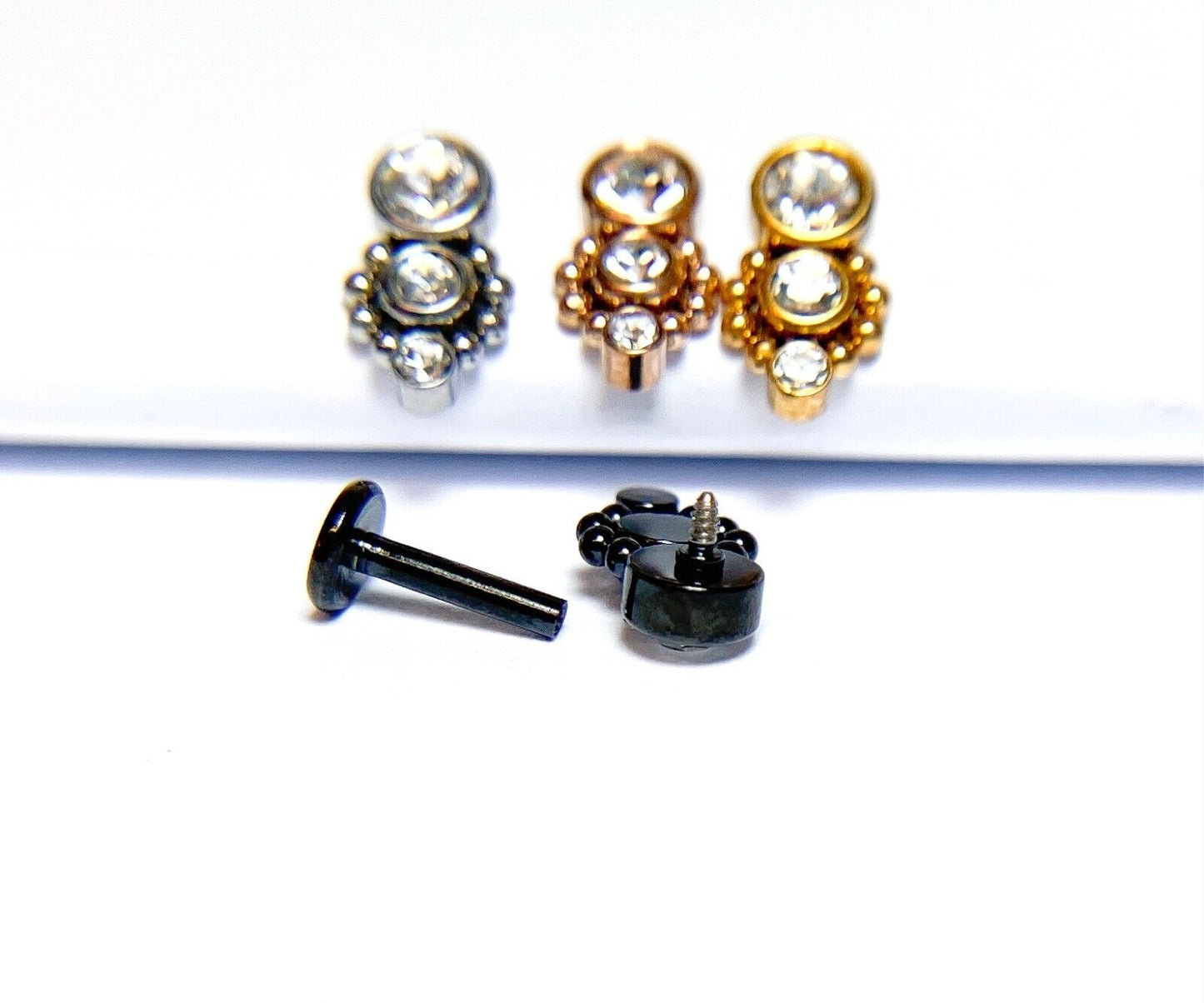 1pc Triple CZ Drop 16g Labret Internally Threaded Steel Monroe Tragus Helix