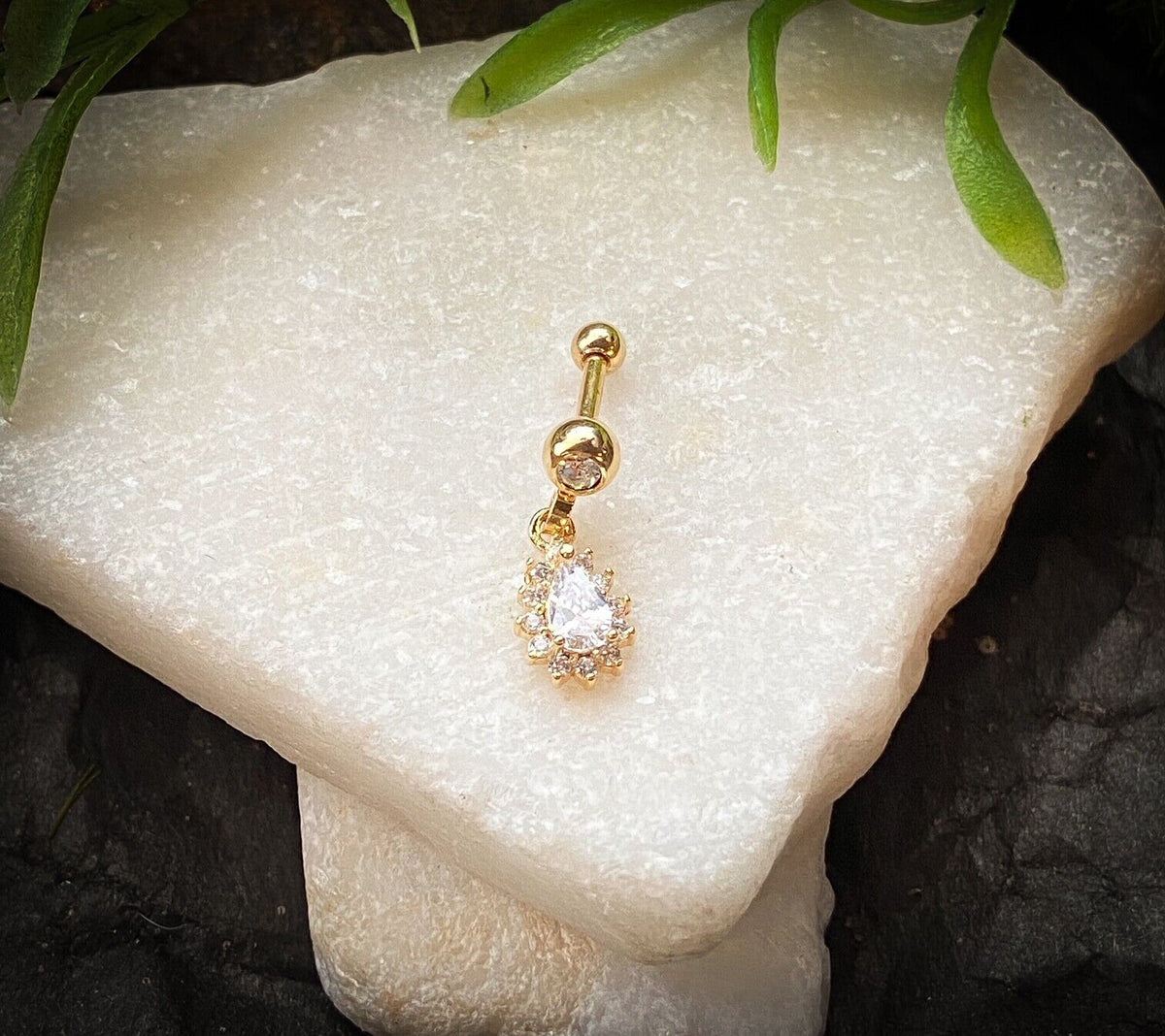 1pc CZ Gem Pear Dangle Surgical Steel Tragus Cartilage Barbell Ring 16g 1/4 (Color: Gold)