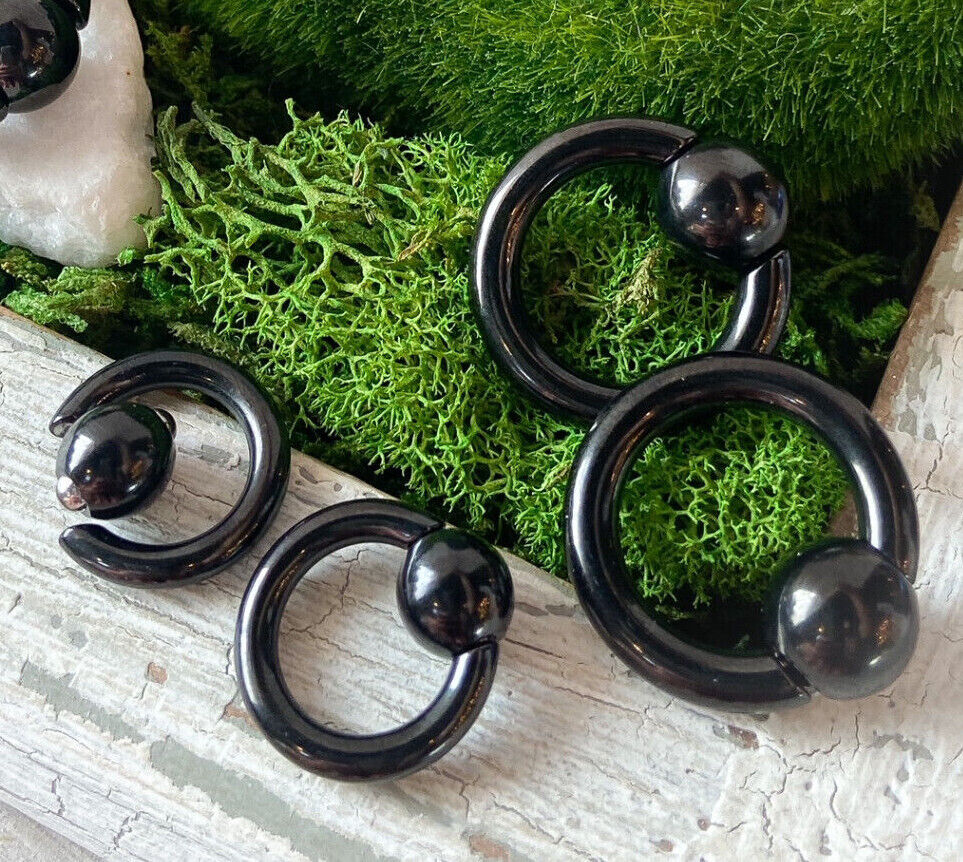 PAIR Black Plated Surgical Steel Spring-Loa​ded Captive Bead Rings Easy Pop Out