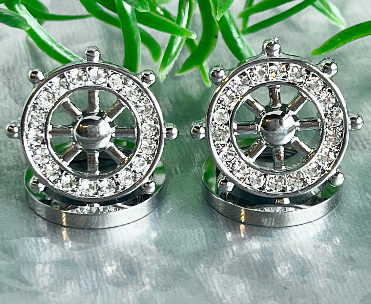 PAIR Steel Yacht / Ship Wheel Gem Paved Screw Fit Flesh Tunnels Plugs
