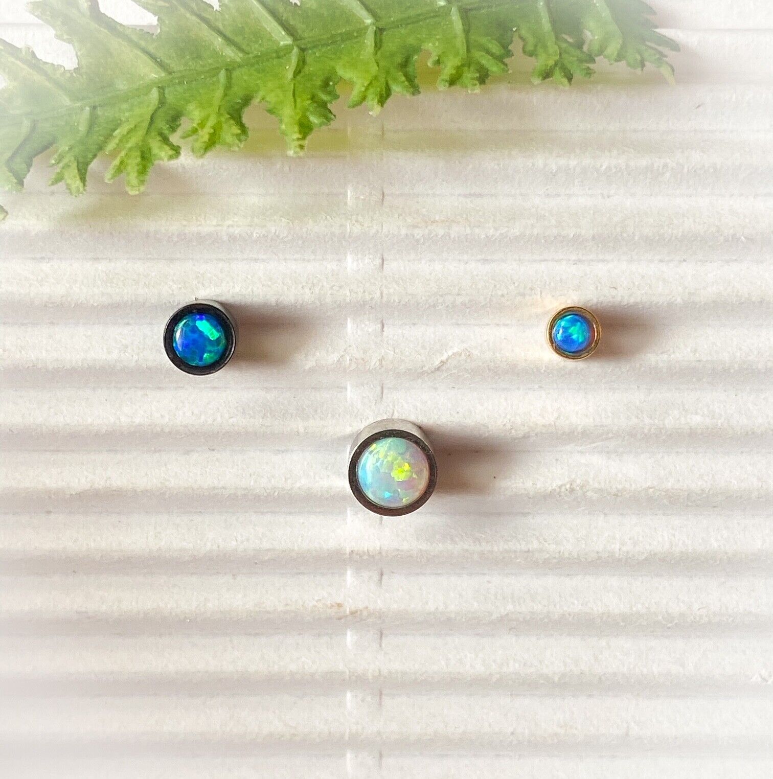 PAIR of Round Opal Bezel Set Earrings 20g 316L Stainless Steel