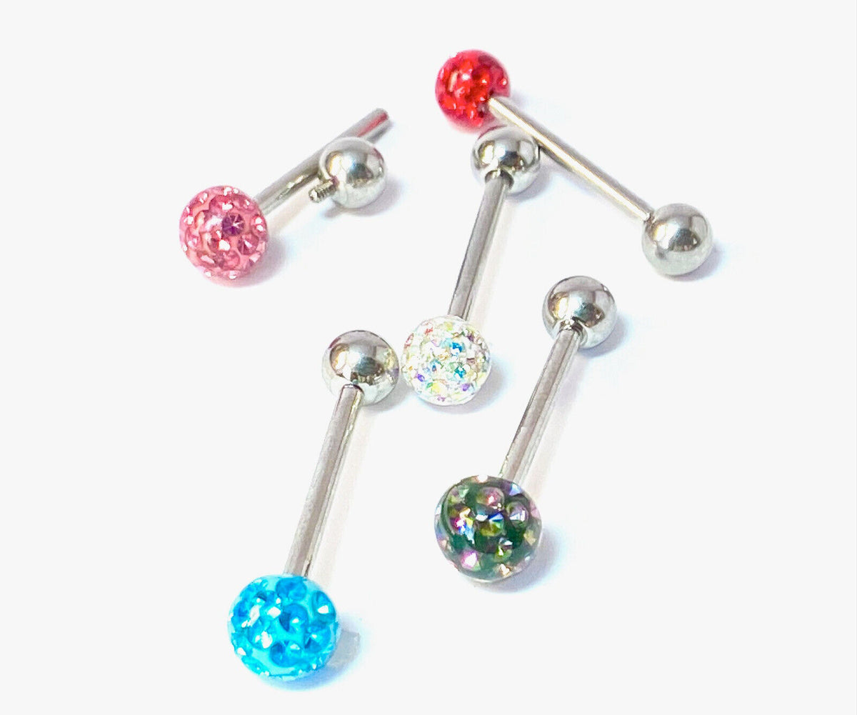 1pc Epoxy Coated Crystal Paved Ball Internally Threaded 16g Tongue Ring Barbell