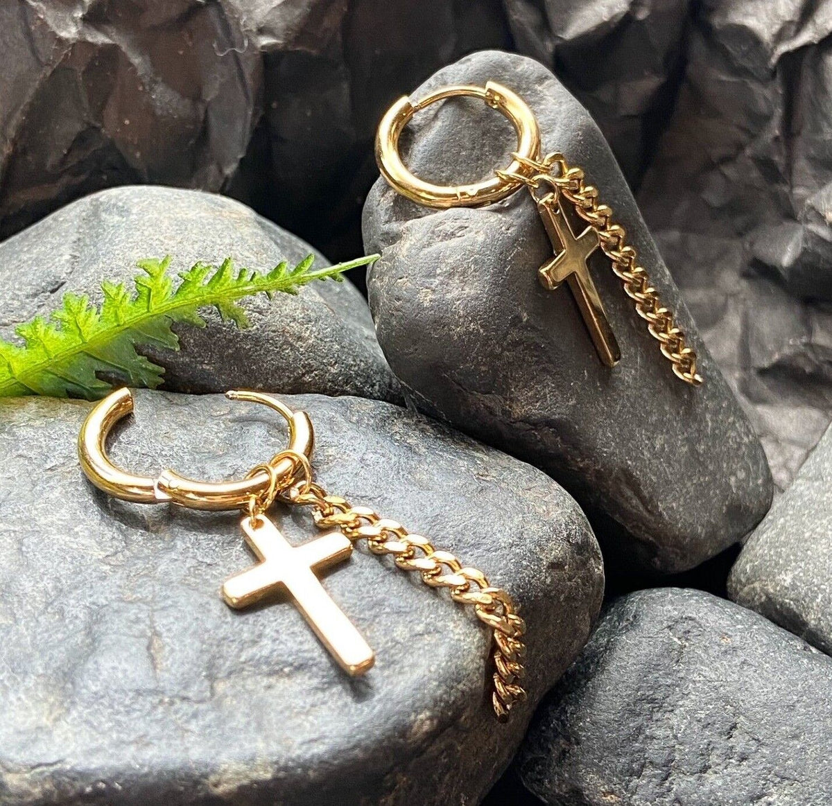 PAIR 316L Steel Hinge Action 20g Seamless Hoop Earrings w/ Cross & Chain Dangle (Color: Gold)